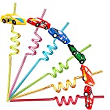 24 Race Car Drinking Straws for Kids Boys Racecar Wheels Birthday Party Supplies Favors with 2 PCS Cleaning Brushes