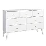 Allora Mid Century Modern 7 Drawer Dresser, Chest of Drawers, Horizontal Dresser, White Dresser, Bedroom Dresser with 3 Small Drawers and 4 Large Drawers, for Clothing Storage, Wide Dresser White