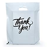 InfinitePack 100 Pieces White Thank You Merchandise Bags 12x15, Die Cut Handles, Retail Shopping Bags for Boutique, Goodie Bags, Gift Bags Bulk, Favors, 2.35 Mil Reusable Plastic Bags