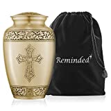 Reminded Adult Cremation Memorial Urn for Human Ashes, Gold Etched Cross Brass Funeral Urn with Velvet Bag
