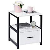 VECELO Modern Nightstand with Drawer Square End, Side Table for Bedroom, Living Room, Small Space, Night Stand with Open Shelf, Stable Metal Frame, White & Black
