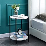 Urraca White Marble Side End Table ，2-Tier Round Bedside Table with Storage Shelf，16Dx22H（Black）