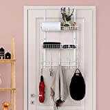 Over The Door Hanger with 2 Mesh Baskets 5 Hooks, Detachable Storage Organizer Rack for Coats, Hats, Handbags,Towels, Easy Install Metal Hanging Hook Rack Shelf, White