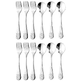 12 Pieces Stainless Steel Kids Silverware Set Children's Safe Flatware Cute Bear Baby and Toddler Spoon and Fork Set Kids Utensils Metal Cutlery Set,6 x Child Forks,6 x Children Tablespoons