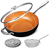 MICHELANGELO 5 Quart Nonstick Woks and Stir Fry Pans With Lid, Frying Basket & Steam Rack, Nonstick Copper Wok Pan With Lid, Ceramic Wok With Lid, Nonstick Frying Wok Flat Bottom, Induction Compatible