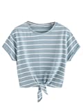 ROMWE Women's Knot Front Long Sleeve Striped Crop Top Tee T-shirt, Green & White, Large(US 8-10)