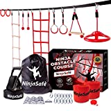 Ninja Obstacle Course for Kids Backyard - 10 Durable Obstacles and 50' Ninja Slackline - Outdoor Playset Equipment for Girls & Boys with Climbing Net & Ladder, Wheel, Warrior Gymnastics & Monkey Bars