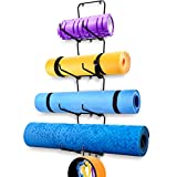 Yoga Mat Holder Wall Mount, UALAU Yoga Mat Foam Roller Rack with 3 Hooks, 4 Sectional Metal Yoga Mat Storage for Yoga Strap, yoga accessories, Resistance Bands, For Fitness Class or Home Gym, Decor