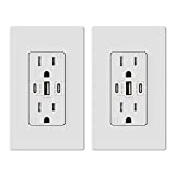 ELEGRP 30W 6.0 Amp 3-Port USB Wall Outlet, 15 Amp Receptacle with Dual USB Type C Type A Ports, USB Charger for iPhone, iPad, Samsung and Android Devices, UL Listed, with Wall Plate, 2 Pack, White