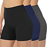 ODODOS 3 Pack High Waisted Shorts for Women, Super Soft Lightweight Basic Shorts-5" Inseam, Black, Navy, Charcoal, Medium/Large