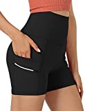 ODODOS Women's Dual Pockets High Waisted Workout 4" Shorts, Yoga Athletic Cycling Hiking Sports Shorts, Black, Small