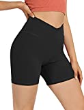 ODODOS Women's 5" Cross Waist Biker Shorts with Inner Pocket, Athletic Workout Running Yoga Shorts, Black, Small