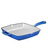 Enameled Cast Iron 10 Inch Square Cast Iron Grill Pan Skillet Grill Pan with Easy Grease Draining for Grilling Bacon, Steak, and Meats, Stove, Fire and Oven Safe, Cobalt Blue