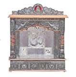 Home Pooja Wooden Mandir with Copper Oxidized Plated Puja Temple - Fully Assembled - 22 Inches Open