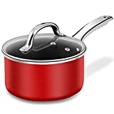 Nonstick Saucepan with Lid, Cooking Pans 2.5 Quart, PFOA Free Induction Pan, Suitable for Gas, Electric, Induction Cooktops, Dishwasher Safe, Red