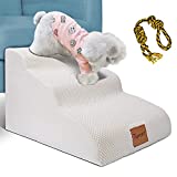 Topmart 3 Tiers Foam Dog Ramps/Steps,Non-Slip Dog Steps,Extra Wide Deep Dog Stairs,High Density Foam Pet Stairs/Ladder,Best for Older Dogs,Cats,Small Pets,with Dog Rope Toy,Ivory-White