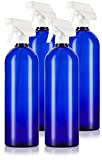 Cobalt Blue 32 oz Large Boston Round PET Plastic Bottles (BPA Free) with White Heavy Duty Industrial Trigger Sprayer (4 pack)