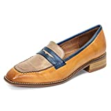 Mona flying Women's Perforated Leather Penny Loafers Casual Flats Shoes Square Toe for Ladies Women Girls Brown-Coffee