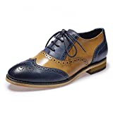 Mona flying Women's Leather Perforated Lace-up Brogue Wingtip Derby Saddle Oxfords Shoes for Women Ladies Girls Blue-Brown