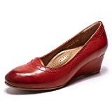 Mona flying Women's Leather Wedges Pumps Dress Shoes Med Heel Rounded Toe for Women Office Date Red