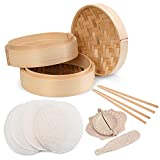 Annie’s Kitchen Premium 10 Inch Handmade Bamboo Steamer Baskets Lid Dumpling Maker with Spoon-4 Reusable Cotton Liners-2 sets Chopsticks- For Rice, Vegetables, Fish, Meat & Desserts (10 Inch- 2 Tiers)