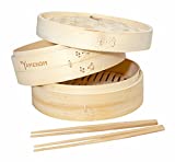 Yanekom Premium Bamboo Steamer Basket – 10 Inch Handmade Dim Sum Steamer for Cooking Dumplings, Meat, Fish, Rice & Vegetables - 2 Tiers Bun Steamer including Bamboo Chopsticks & Silicone Pads