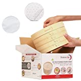 Rakan B&C Bamboo Steamer Basket 10 inch - Healthy Food Cooking Dim Sum Dumplings Vegetables Fish Steam Rice Included 2 Tier with Lid, 10 paper Liners and 1 Reusable cotton liner - Cooker