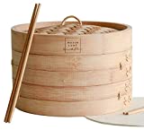 Maison Lune Bamboo Steamer 10 inch - Includes 2 pairs of Chopsticks, Liners 20 pieces, Steamer Basket for Cooking Dumpling, Dim Sum, Bao Bun, Vegetable