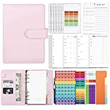 2-in-1 102Pcs A6 Budget Binder & Planner with Zipper Envelopes & Sticker Labels, Money Organizer for Cash, PU Leather (Pink)