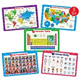 Simply Magic 5 Placemats for Kids - Kids Placemats Non Slip, Washable Reusable Children Placemats, Educational Placemats: USA and World Maps, Periodic Table, US Presidents, Plastic Placemats for Kids