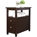 SUPER DEAL Narrow End Table Slim Bed Side Nightstand Chairside Sofa End Table with 2 Drawer and Open Storage Shelf for Living Room Bedroom Office, Espresso