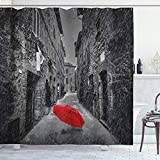 Ambesonne Black and White Shower Curtain, Red Umbrella on a Dark Narrow Street in Tuscany Italy Rainy Winter, Cloth Fabric Bathroom Decor Set with Hooks, 84" Long Extra, Grey Vermilion