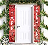 Rose Red Happy Valentine's Day Hanging Banner Porch Sign with Rose Flower Balloons Pattern for Valentine's Party Decorations Boost Atmosphere,Red Background 72"x12"