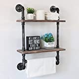 Industrial Pipe Bathroom Shelves 2-Tier Wall Mounted,19.7" Rustic Wall Shelf with Bath Towel Bars,Farmhouse Towel Rack,Metal & Wooden Floating Shelves,Over The Toilet Storage Shelf