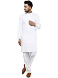 SKAVIJ Men's Tunic Cotton Kurta Pajama Indian Yoga Casual Dress Set (X-Large, White)