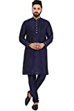 SKAVIJ Men's Tunic Art Silk Kurta Pajama Set Ethnic Indian Party Wear Dress Suit (X-Large, Blue)