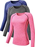 Neleus Women's 3 Pack Compression Long Sleeve Top for Girls,8021,Grey,Blue,Pink,M