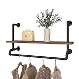 Industrial Pipe Clothing Rack Display Garment Rack Wall Mounted with wooden shelf Heavy Duty Clothes Hanging Rod Bar for Closet Storage, Laundry Room 40" (Black)