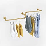 MDEPYCO Industrial Pipe Wall Mounted Towel Clothing Hanging Shelves System,Vintage Laundry Room Storage Rod,Metal Garment Rack for Clothes Retail Display Stand (Gold, 59" L x 11.8" D)