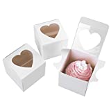 [50pcs]ONE MORE 3"Mini Single Favor White Cupcake Boxes with Heart Shape Window without Handle,Small Cupcake box Carrier Individual Containers 3X3X3inch,Pack of 50