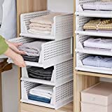 Set of 4 Stackable Closet Wardrobe Storage Box Organizer (Easy Open and Folding), Plastic White Wardrobe Shelves Closet Organiser Box, Pull Out Like a Drawer, Suitable for Home, Bedroom, Kitchen