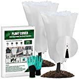 Tenozek Plant Covers Freeze Protection for Winter 47" x 55" 2.1oz Tree Frost Covers Drawstring Bags for Cold Weather Anti-Freeze Shrub Jacket Warm Blanket w/Zipper and Garden Gloves (2 Packs, White)