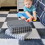 16 Pieces Plush Puzzle Foam Floor Mat- Thick Square Interlocking Fluffy Tiles with Border Foldable Rug Split Joint Soft Climbing Carpet Mats Shaggy Area Rug for Room Floor(11.8 Inch, White & Grey)