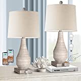 3 Way Dimmable Touch Lamps for Bedroom Set of 2, Bedside Lamp with USB Ports,Rustic Table Lamp for Living Room with Gray Body, Resin Nightstand Lamp with Linen Shade, Farmhouse Lamp for Study Room