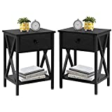 VECELO Modern Versatile Nightstands X-Design Side End Table Night Stand Storage Shelf with Bin Drawer for Living Room Bedroom, Set of 2 (Black)