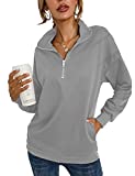 Womens Casual Long Sleeve Half Zipper Sweatshirts Stand Collar Pullover Tops Lightweight Jackets with Pockets(Light Gray, M)