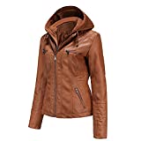 Tagoo Faux Leather Jacket Women Motorcycle Coat for Biker with Removable Hood Plus Size Brown