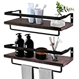 Floating Shelves Wall Mounted Storage Shelves, Rustic Floating Wall Shelves for Bedroom, Bathroom, Kitchen, Living Room, Laundry Room, Bathroom Shelf with Towel Bar, Set of 2 (Dark Brown)