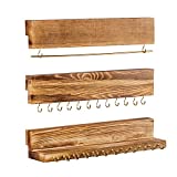 Jewelry Organizer Wall Mounted Set of 3, Wood Hanging Jewelry Organizer Holder with Removable Bracelet Rod and 24 Hooks, Display for Hanging Rings, Earrings, Necklace Holder (Rustic brown)…