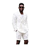 Mens Casual White Linen Tailored Beach Wedding Slim Fit Tuxedo Suit Blazer & Shorts Set